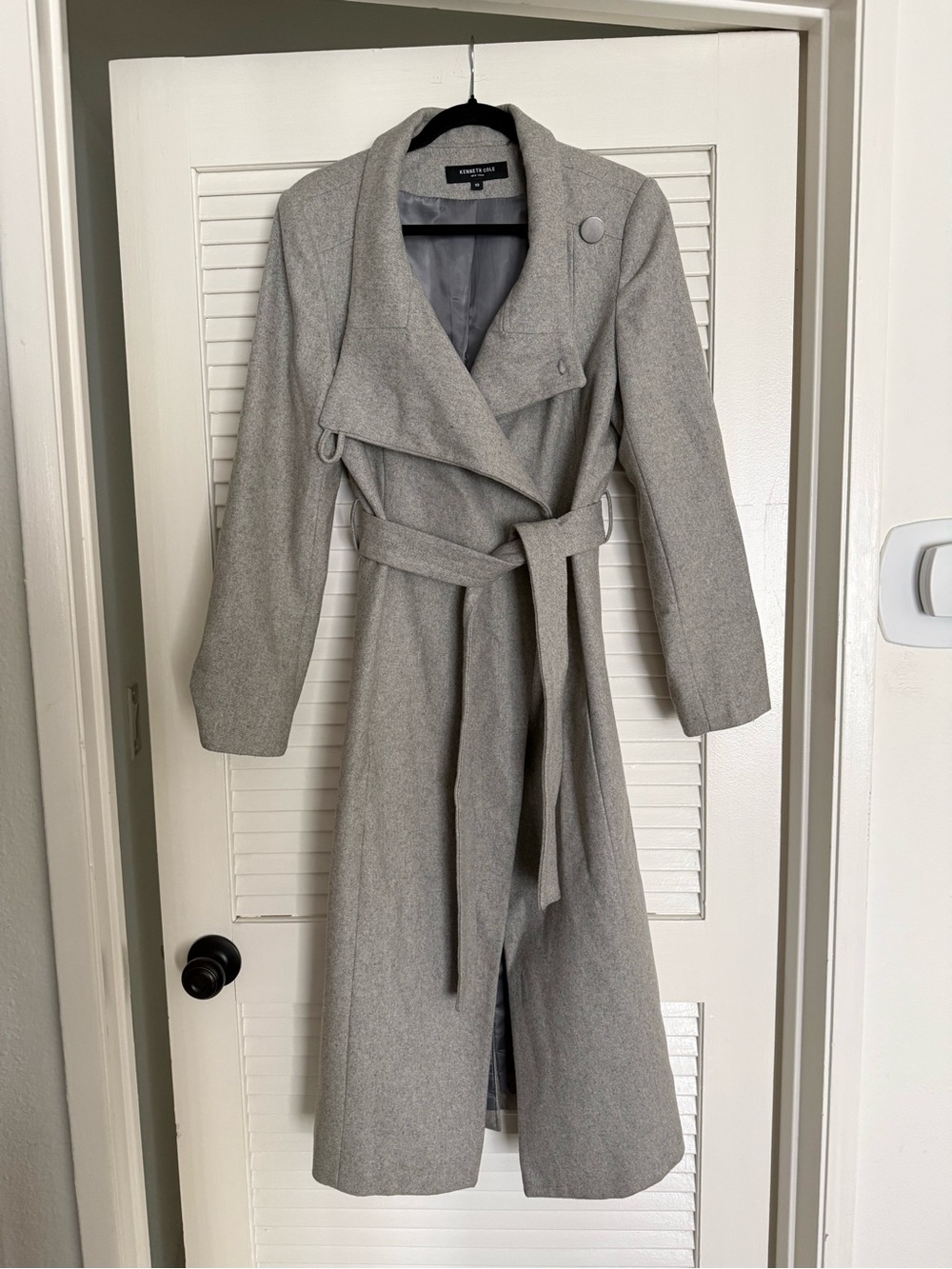 Kenneth Cole Light Gray Long Belted Wool Coat